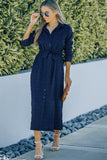 Crinkle Textured Long Sleeve Shirt Dress with Belt