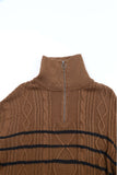 Brown Striped Half Zip Pullover Sweater