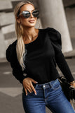 Solid Puff Sleeve Ribbed Knit Top