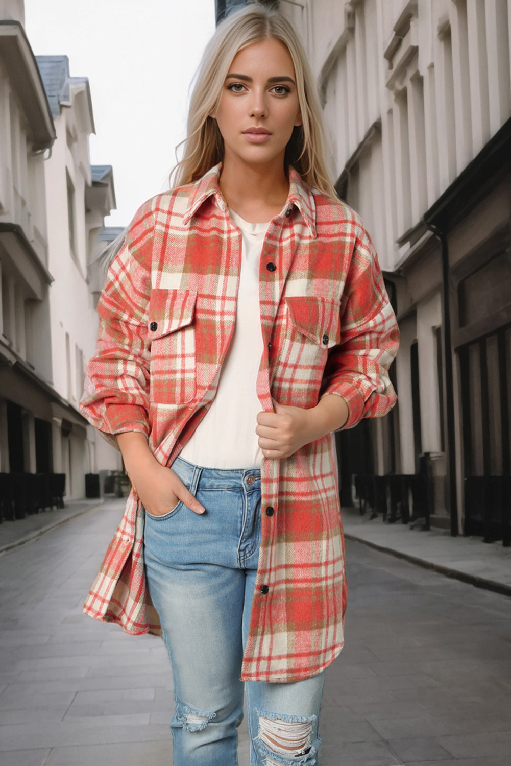 Plaid Flap Pocket Long Sleeve Shacket