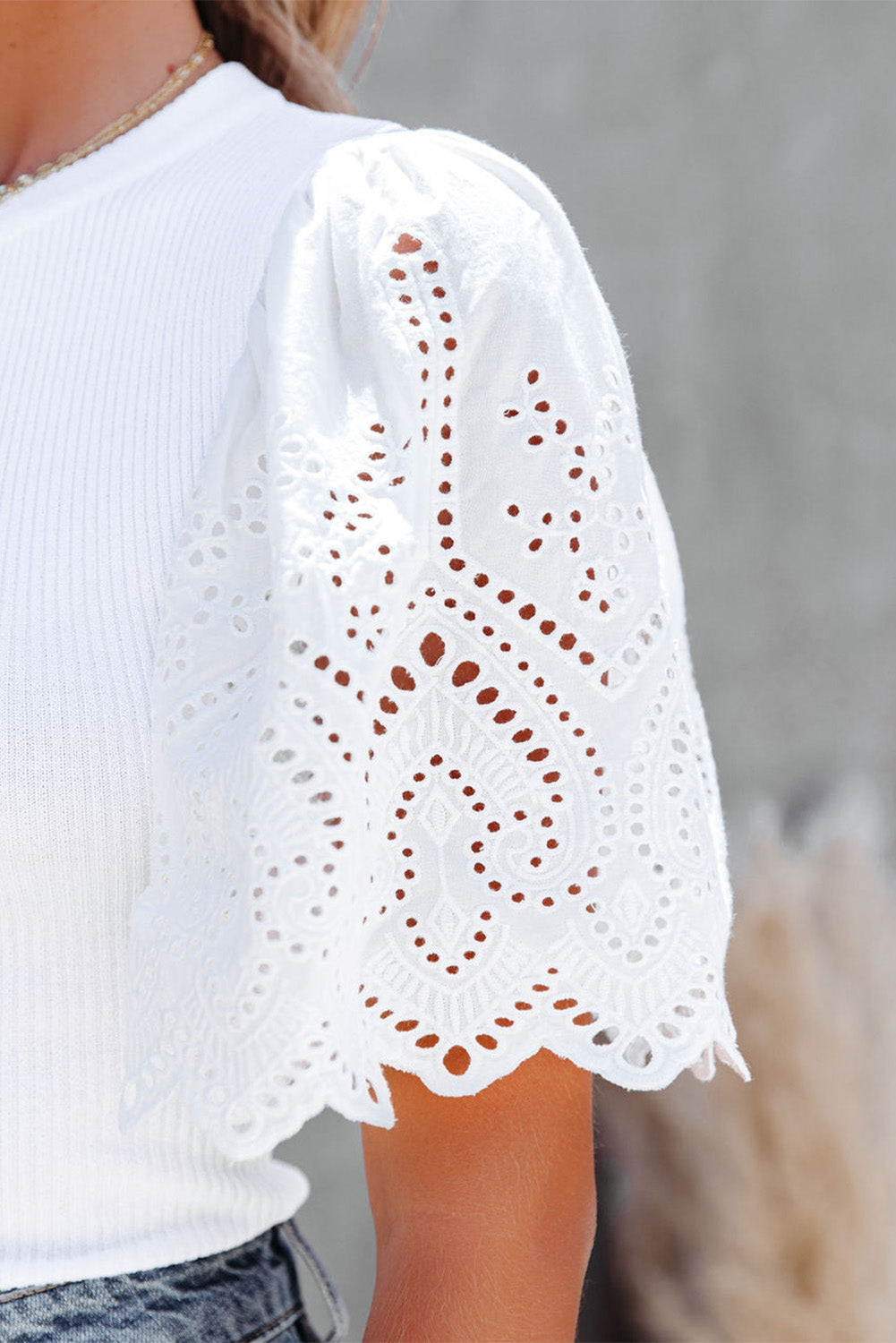 Scalloped Eyelet Sleeve Ribbed Knit Top