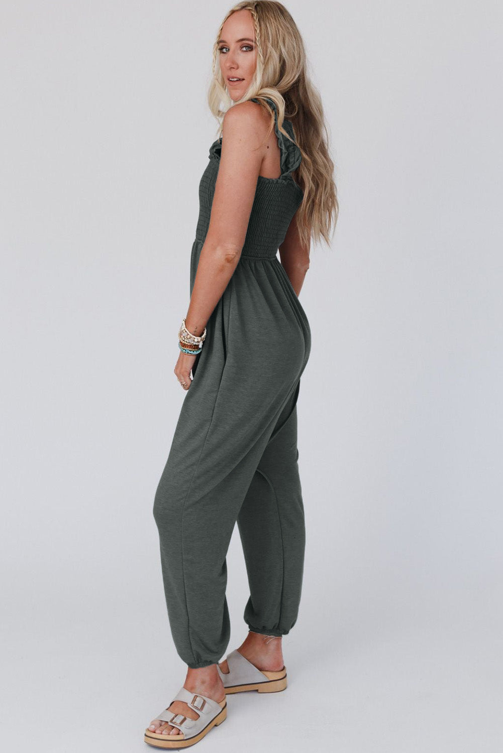 Smocked Ruffled Straps High Waist Sleeveless Jumpsuit