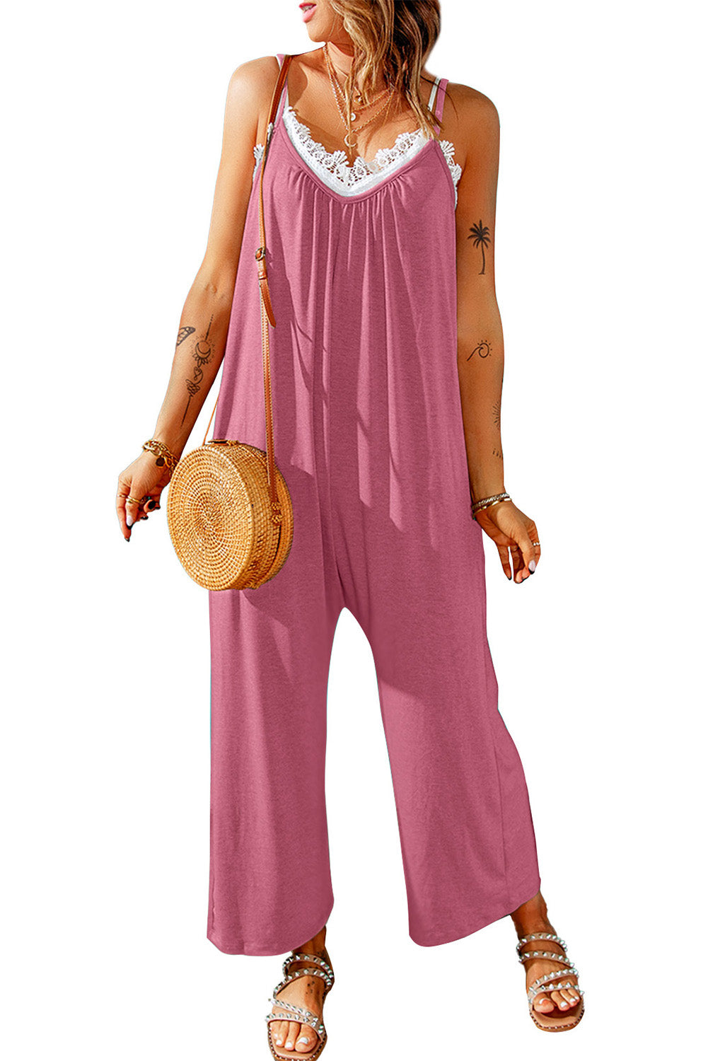 Spaghetti Straps Wide Leg Pocketed Jumpsuits