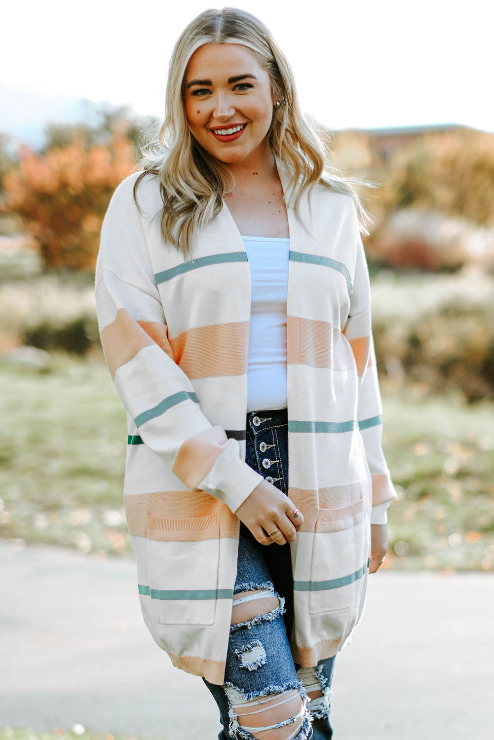 Striped Knit Side Pockets Plus Size Cardigan