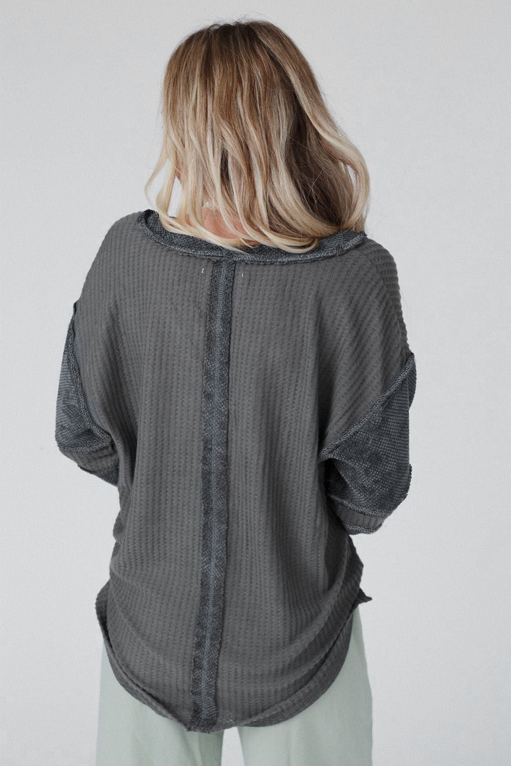 Contrast Patched Exposed Seam Waffle Knit Henley Top