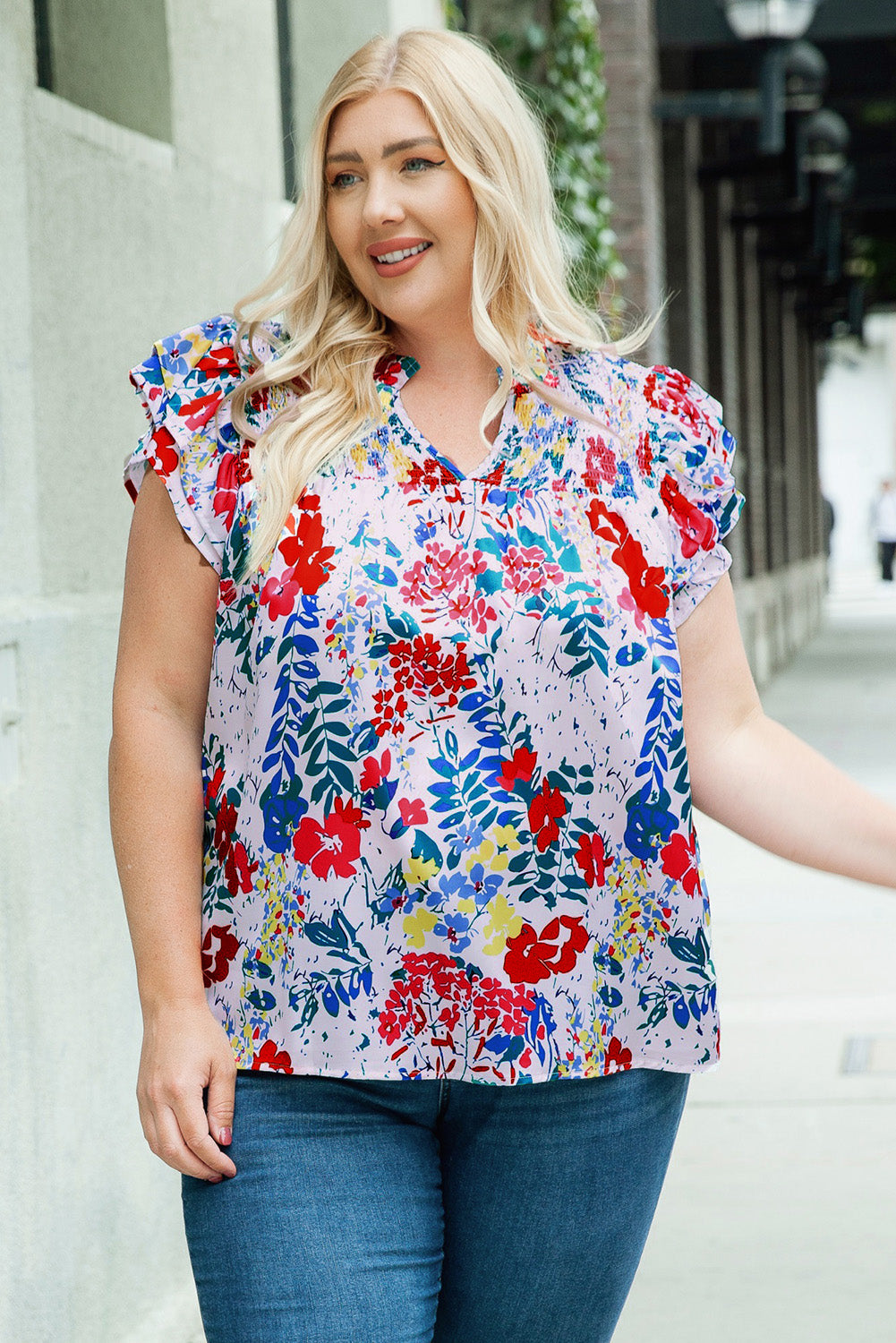 Plus Floral Print Ruffle Cap Sleeve V Neck Blouse