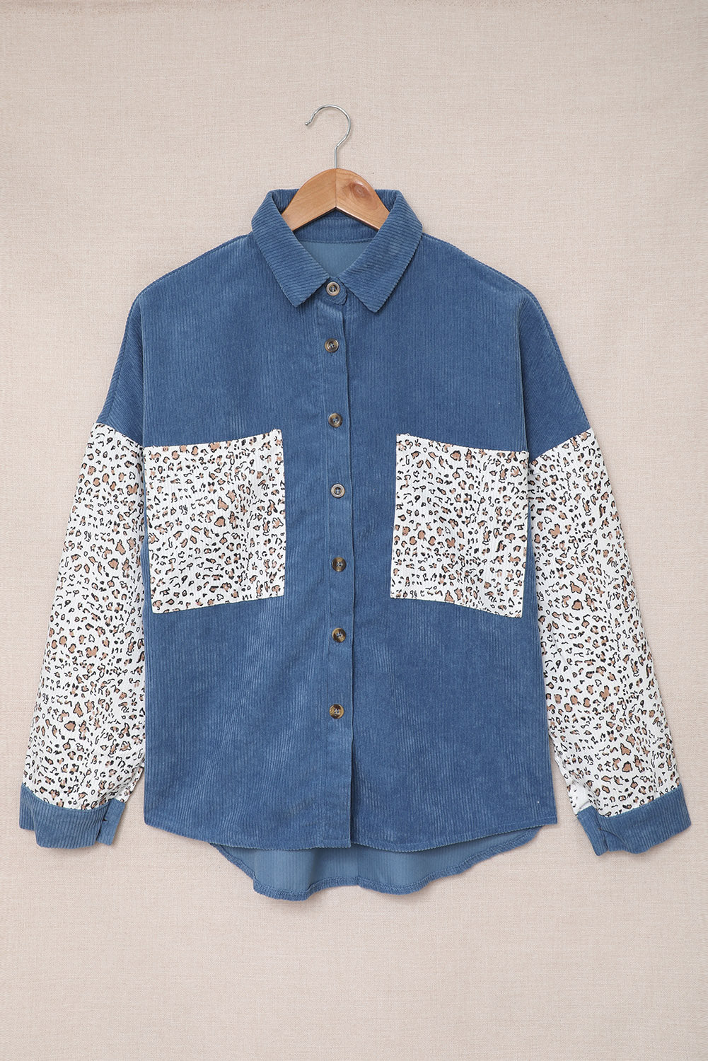 Leopard Patchwork Corduroy Buttoned Shirt Jacket