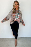 Mixed Floral Geometric Print Ruffled Long Sleeve Blouse