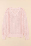 Loose Pointelle Knit Ribbed V Neck Sweater