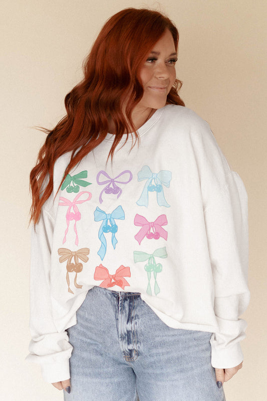 White Bowknot Pattern Drop Shoulder Loose Sweatshirt