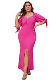 Bow Tie Puff Sleeve Plus Size High Slit Maxi Dress