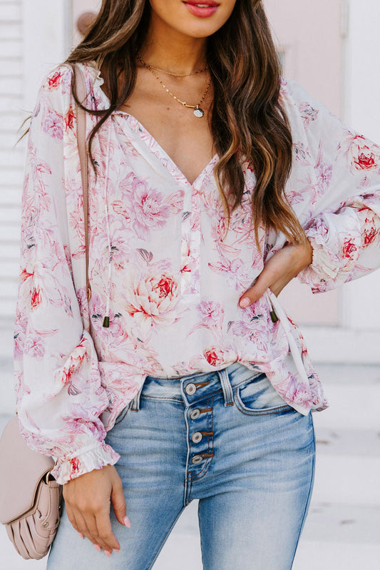 Vibrant Floral Printed Ruffle Trim Blouse