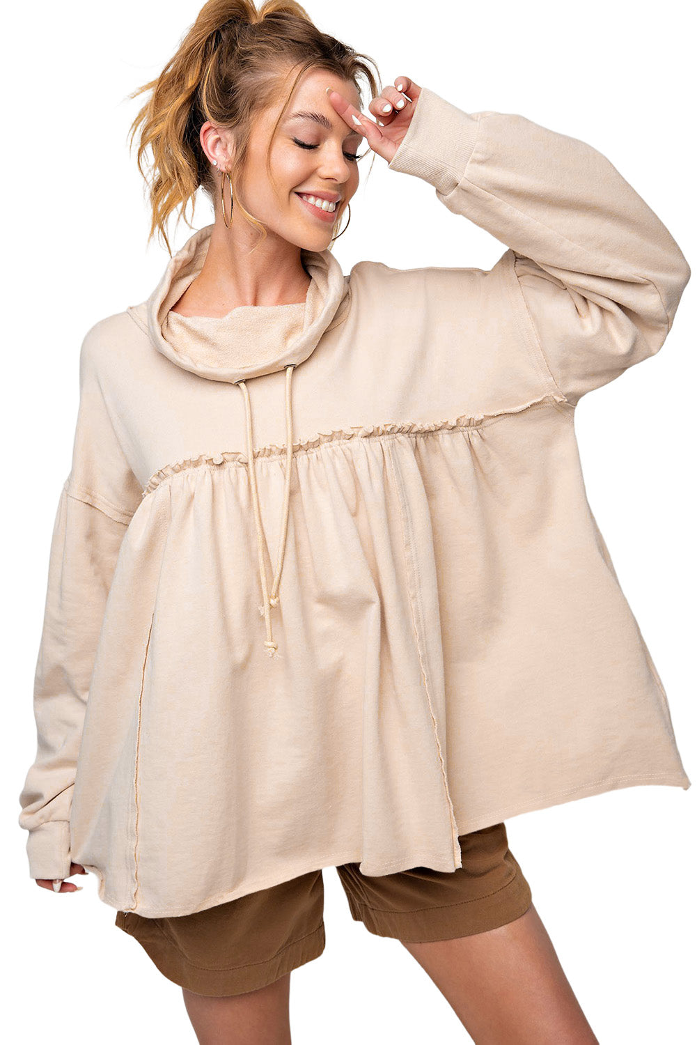 Frill Exposed Seam Cowl Neck Oversized Sweatshirt