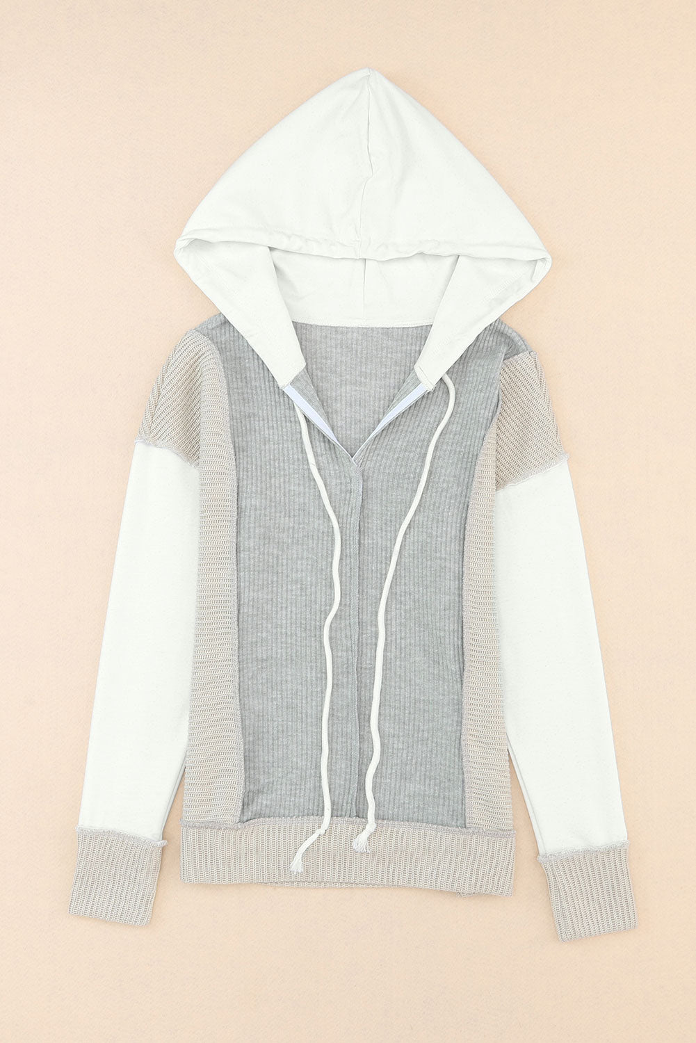 Long Sleeve Textured Knit Patchwork Hoodie