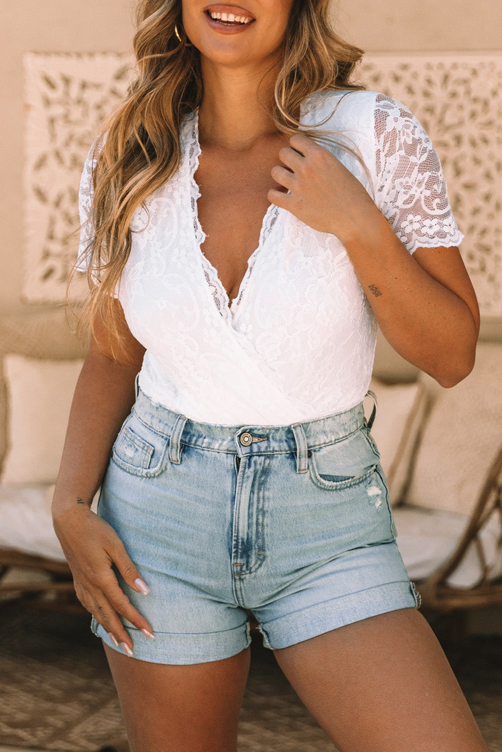 Lace Scalloped V Neck Wrap Short Sleeve Bodysuit