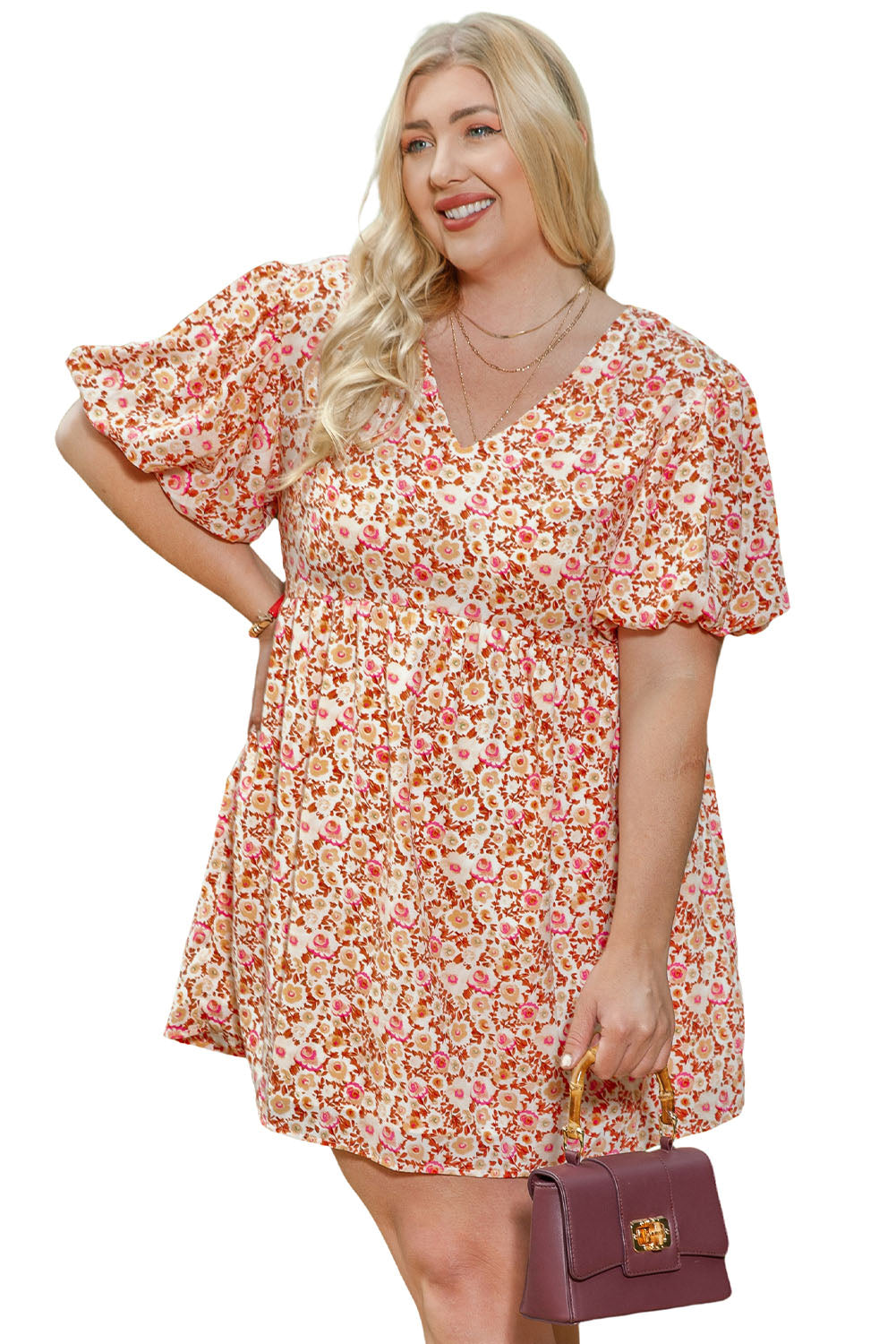 Plus Size Floral Print Puff Sleeves Dress