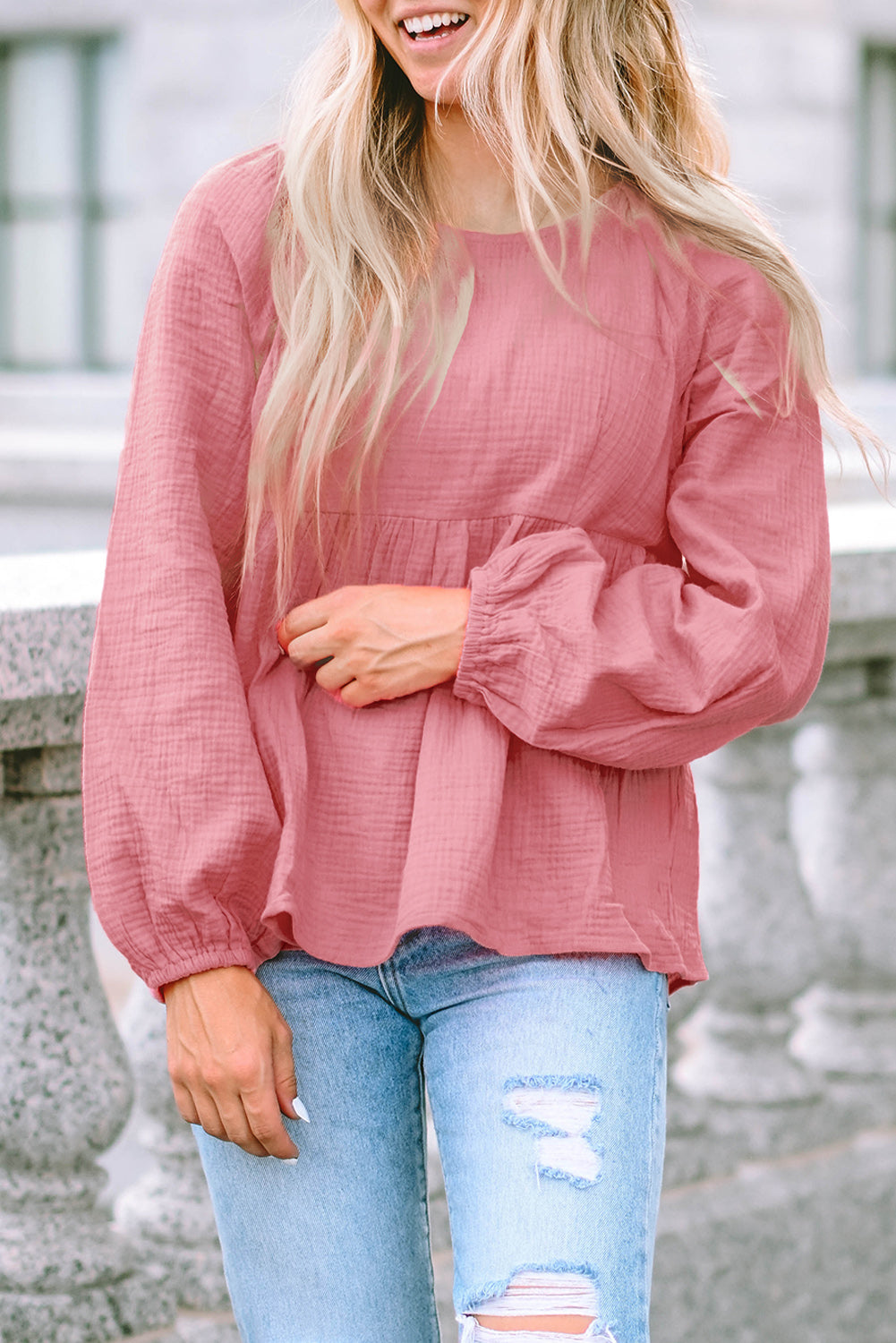 Bubble Sleeve Textured Flowy Blouse