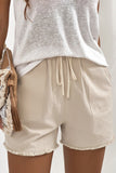 Solid Color Drawstring Frayed Hem Pocketed Shorts