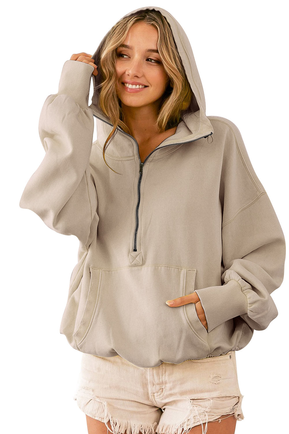 Ribbed Trim Kangaroo Pocket Zipped Hoodie