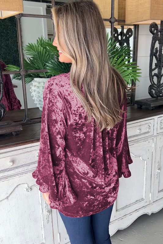 Red Dahlia Velvet Pagoda Sleeve Crew Neck Top