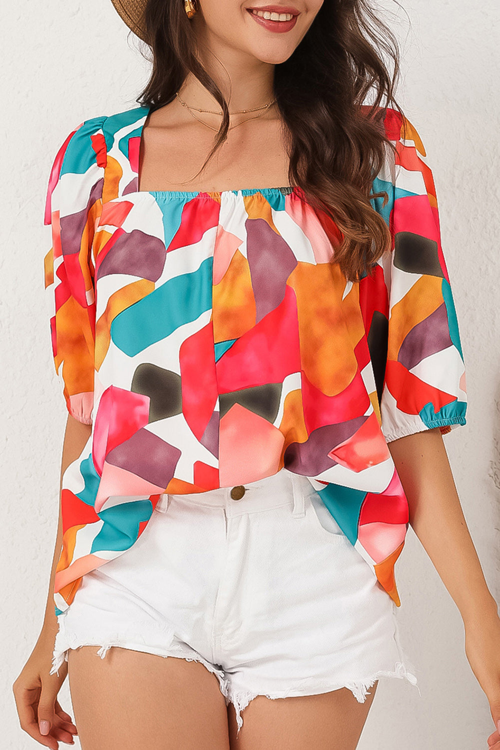 Square Neck Abstract Print Short Sleeve Blouse