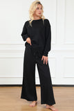 Black Textured Loose Fit T Shirt and Drawstring Pants Set