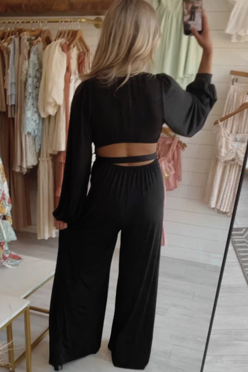 Cutout Back Belted V Neck Wide Leg Jumpsuit