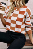 Pink Checkered Ribbed Edge O Neck Drop Shoulder Sweater