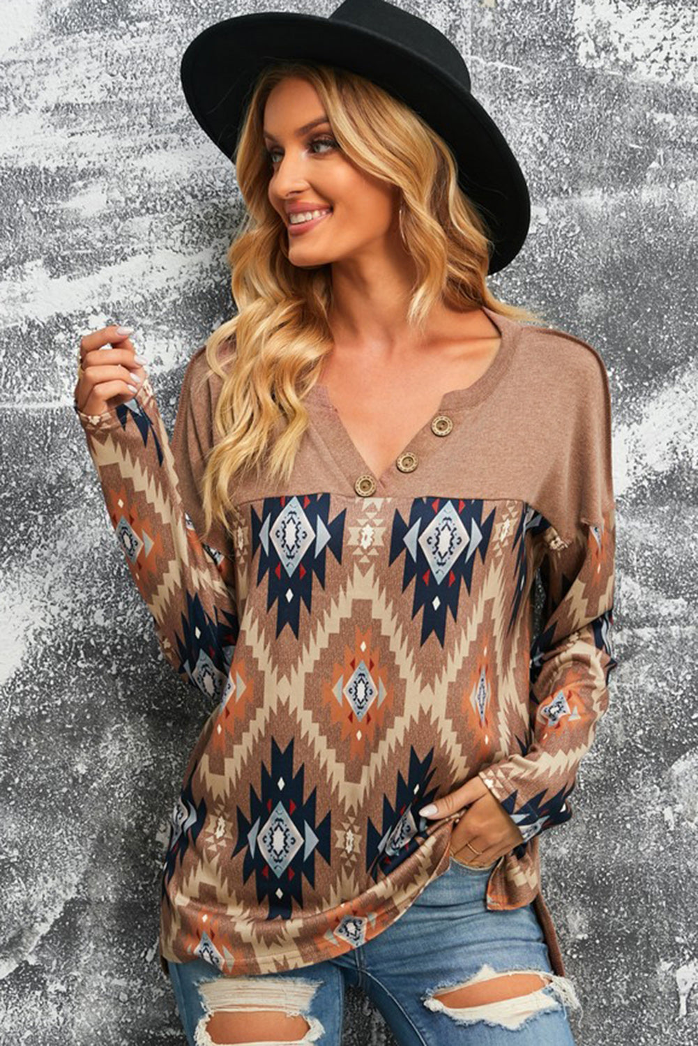 Western Aztec Print Buttoned V Neck Top