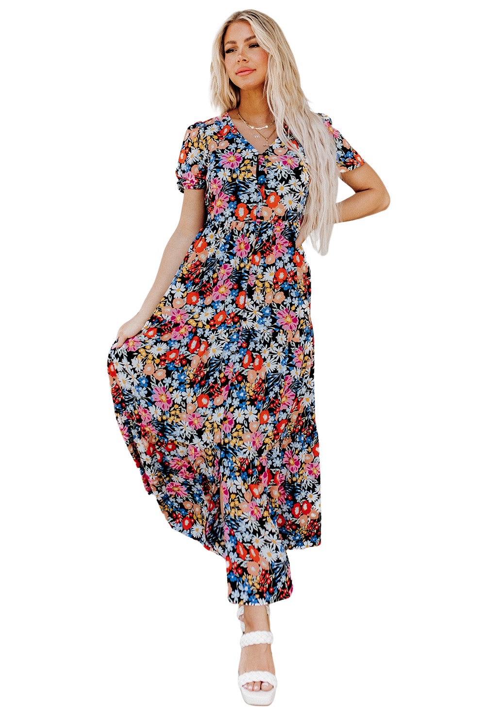 Robe longue noire à manches courtes et motif floral bohème