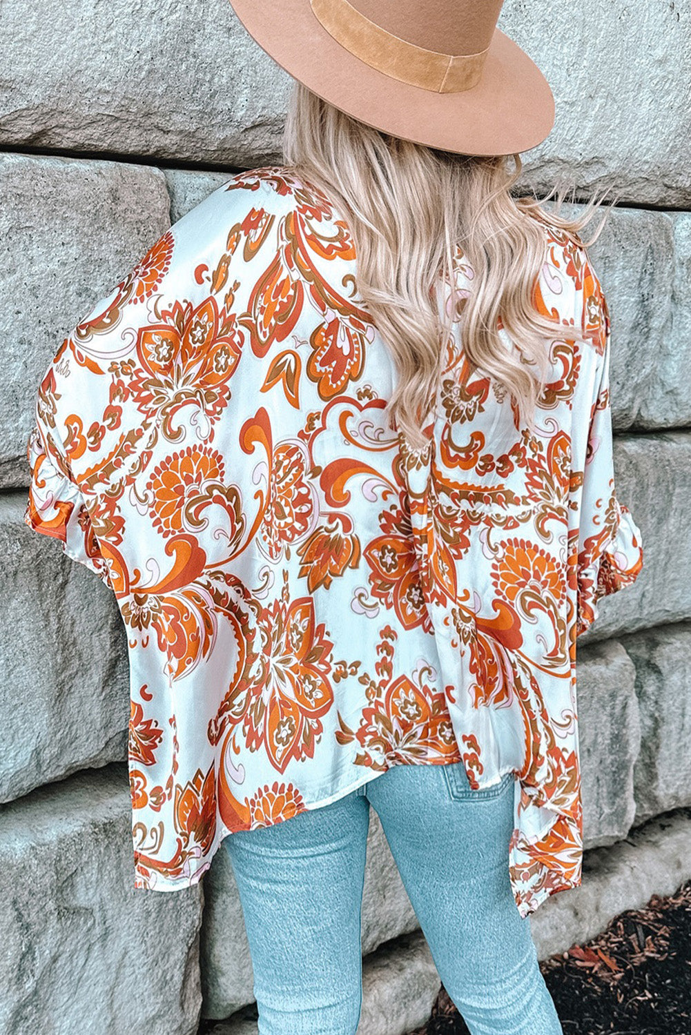 Draped Paisley Print Open Front Overlay Top with Ruffles