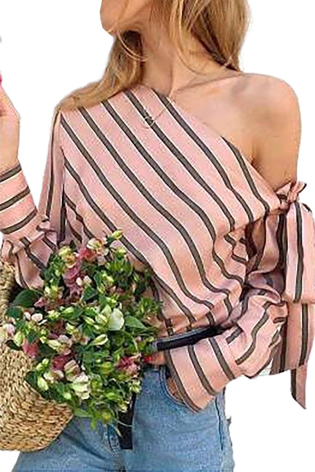 Striped Asymmetric Tied Shoulder Blouse