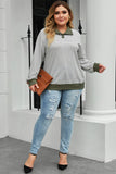 Striped Contrasting Trim Plus Size Henley Pullover