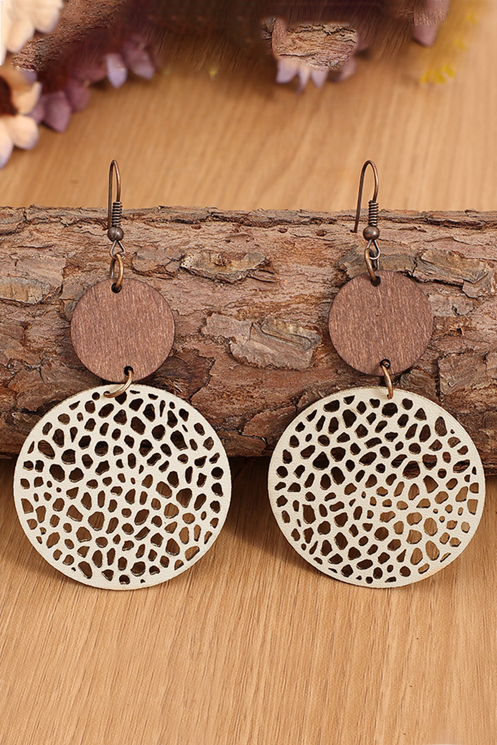 Hollow Out Wooden Round Drop Earrings