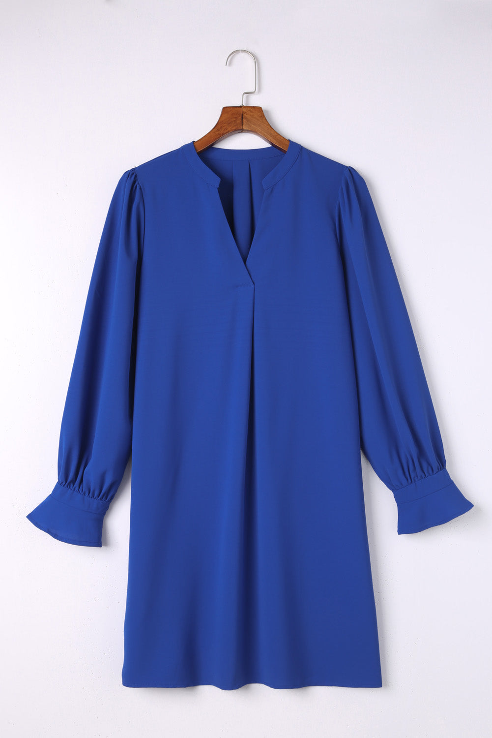 Blue Split V Neck Ruffled Sleeves Shirt Dress