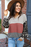 Wild Leopard Contrast Sleeve Colorblock Waffle Knit Top