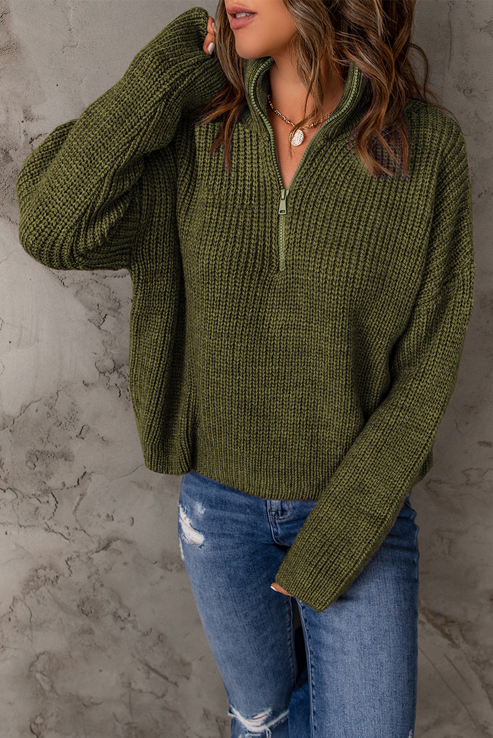 Zipped Turtleneck Drop Shoulder Knit Sweater