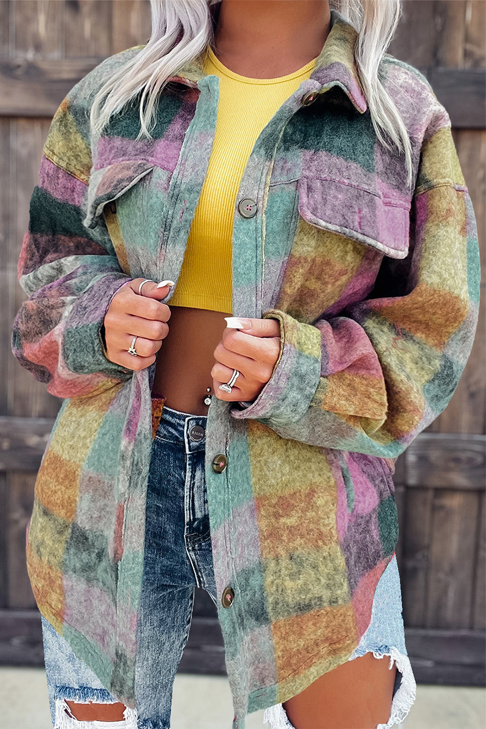 Veste longue surdimensionnée à poches et carreaux brossés multicolores