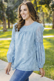 Textured Ruffle Lantern Sleeve Babydoll Blouse