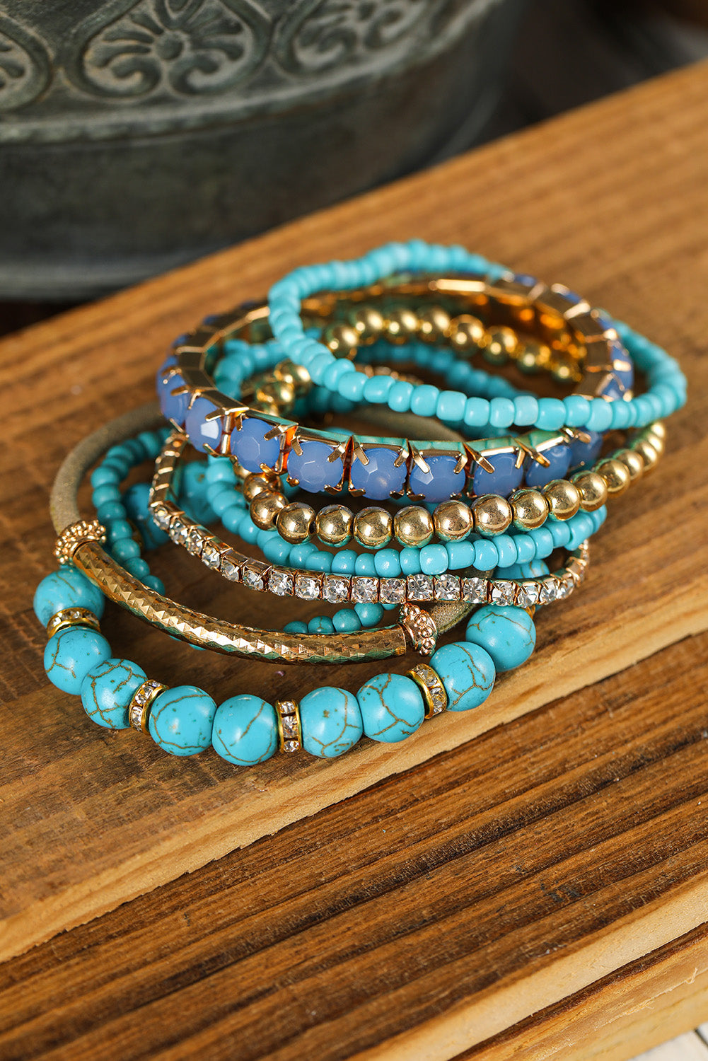 Vintage Boho Turquoise Gem Beaded Bracelet Set