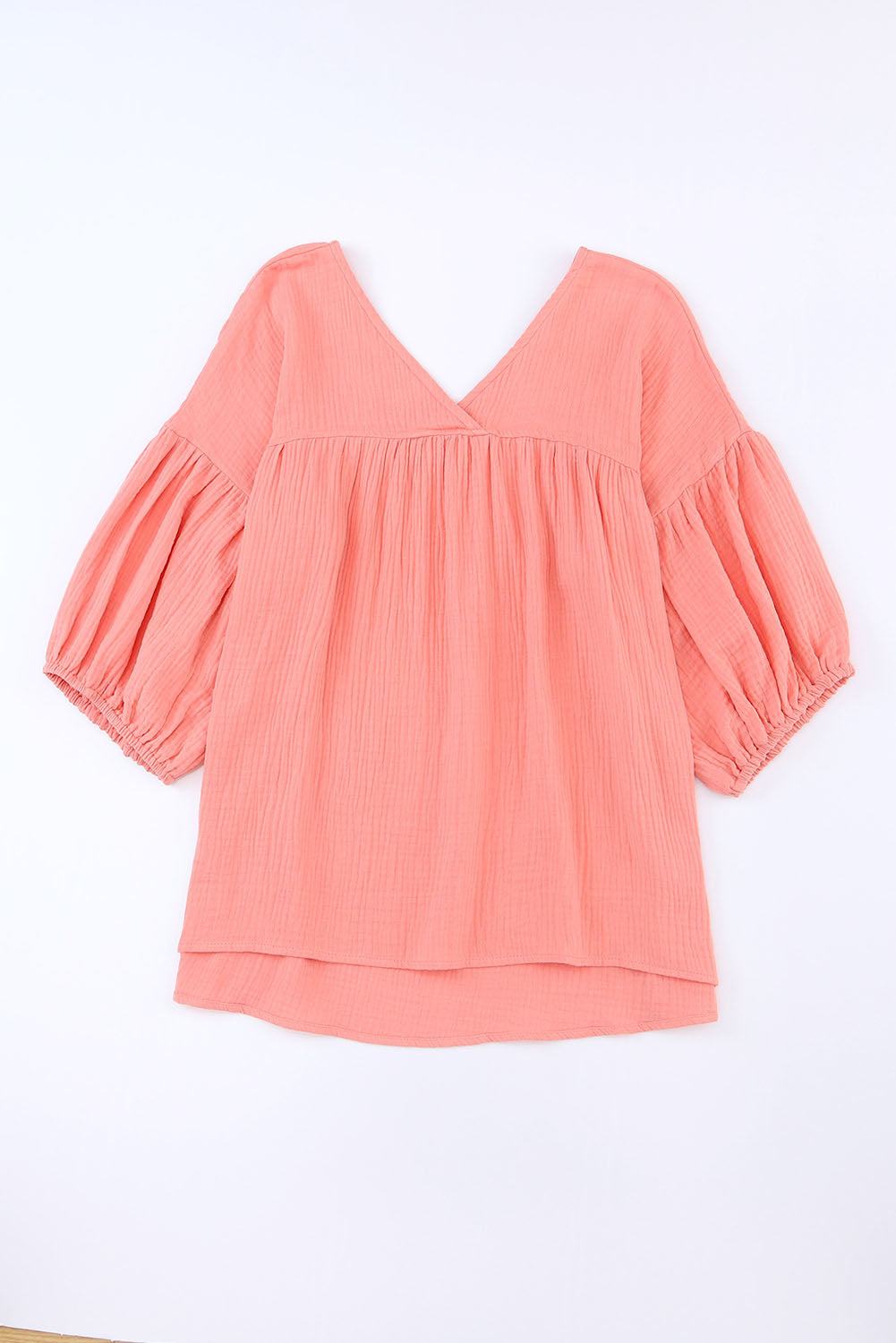 Textured V Neck Bracelet Sleeve Babydoll Blouse