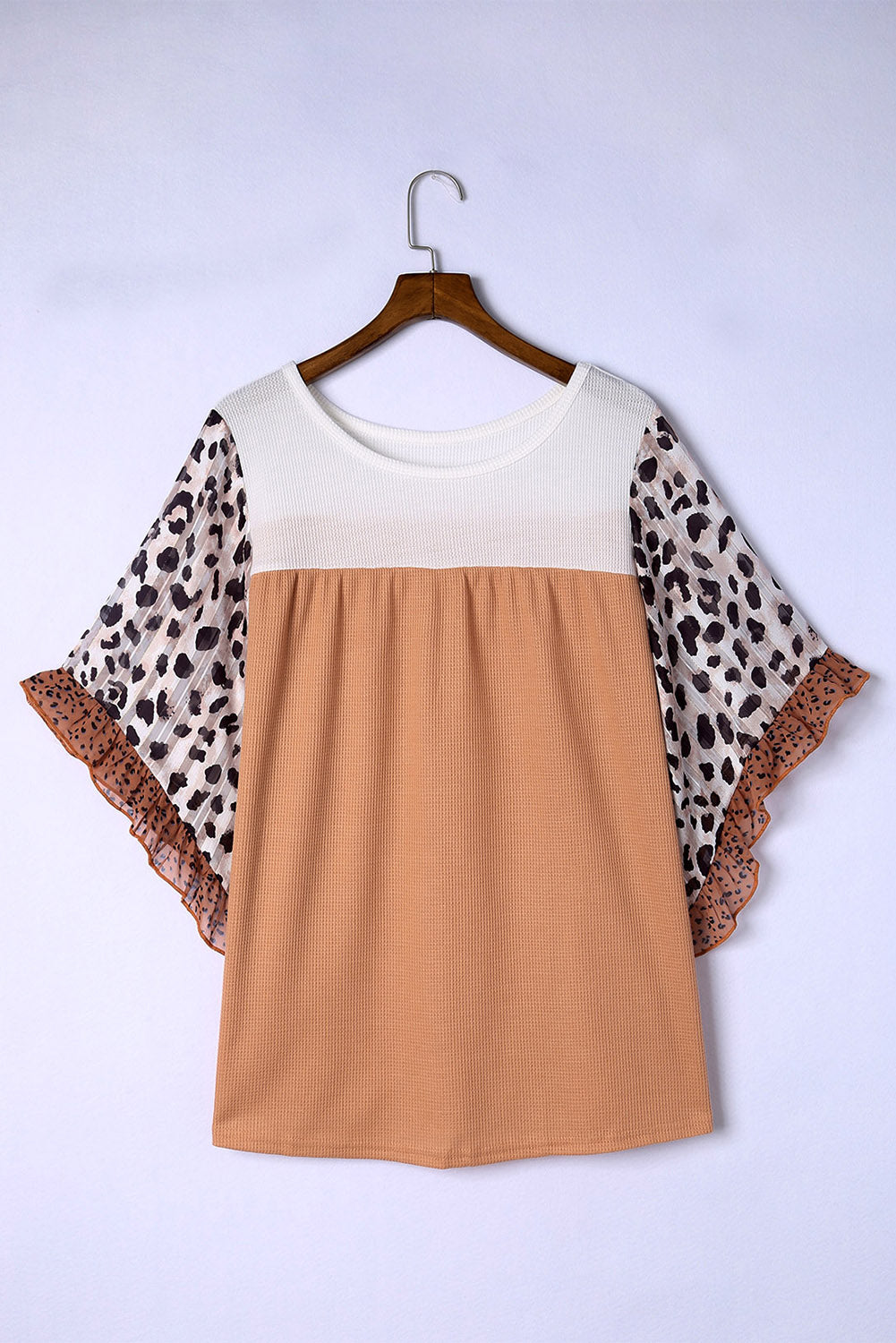 Waffle Knit Animal Print Ruffle Sleeves Plus Size Top