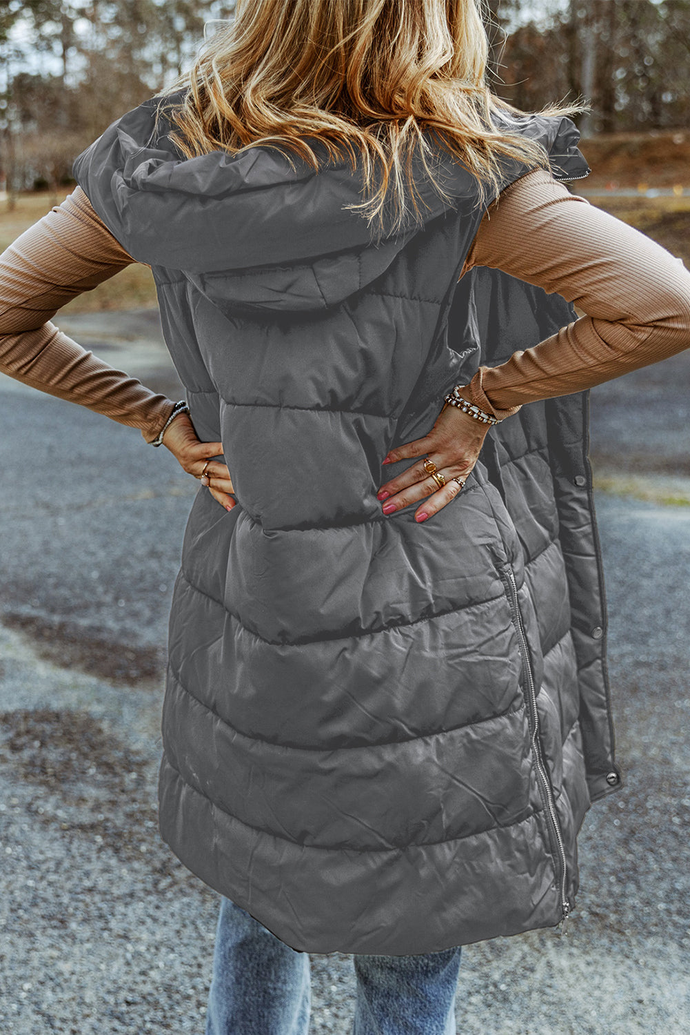 Black Hooded Long Quilted Vest Coat