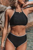 Contrast Binding High Waist Halter Bikini Set