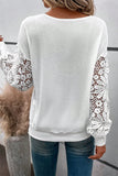 White Lace Splicing V Neck Puff Sleeve Top