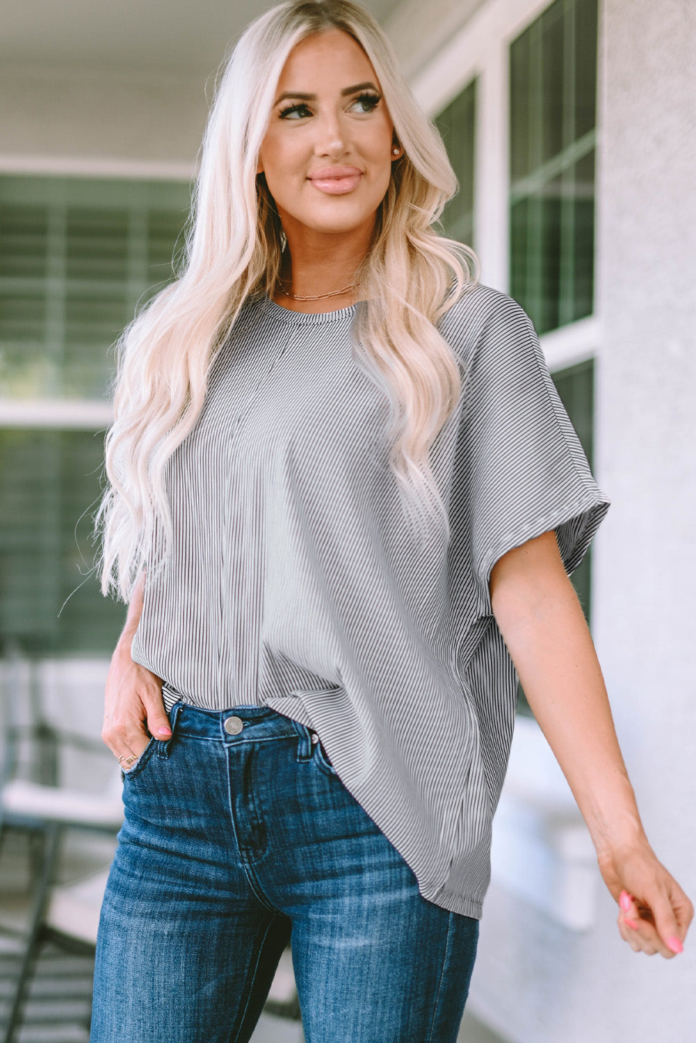 Ribbed Knit Round Neck Relaxed Tee