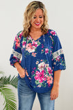 Plus Size Lace Patch 3/4 Sleeve Split Neck Floral Top