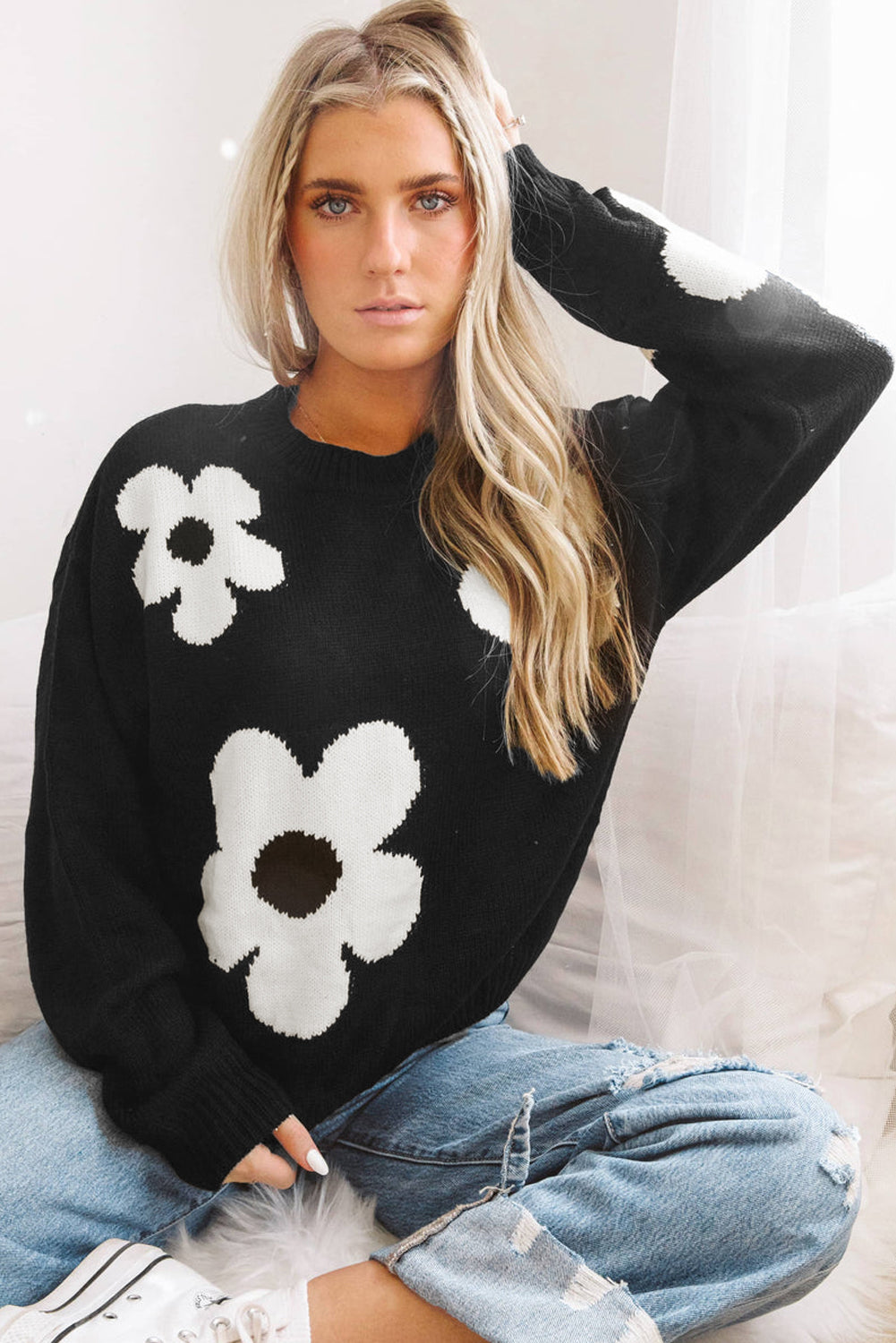 Big Flower Pattern Knit Sweater