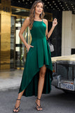 Green Satin Sleeveless Pleated High Low Dress with Pocket