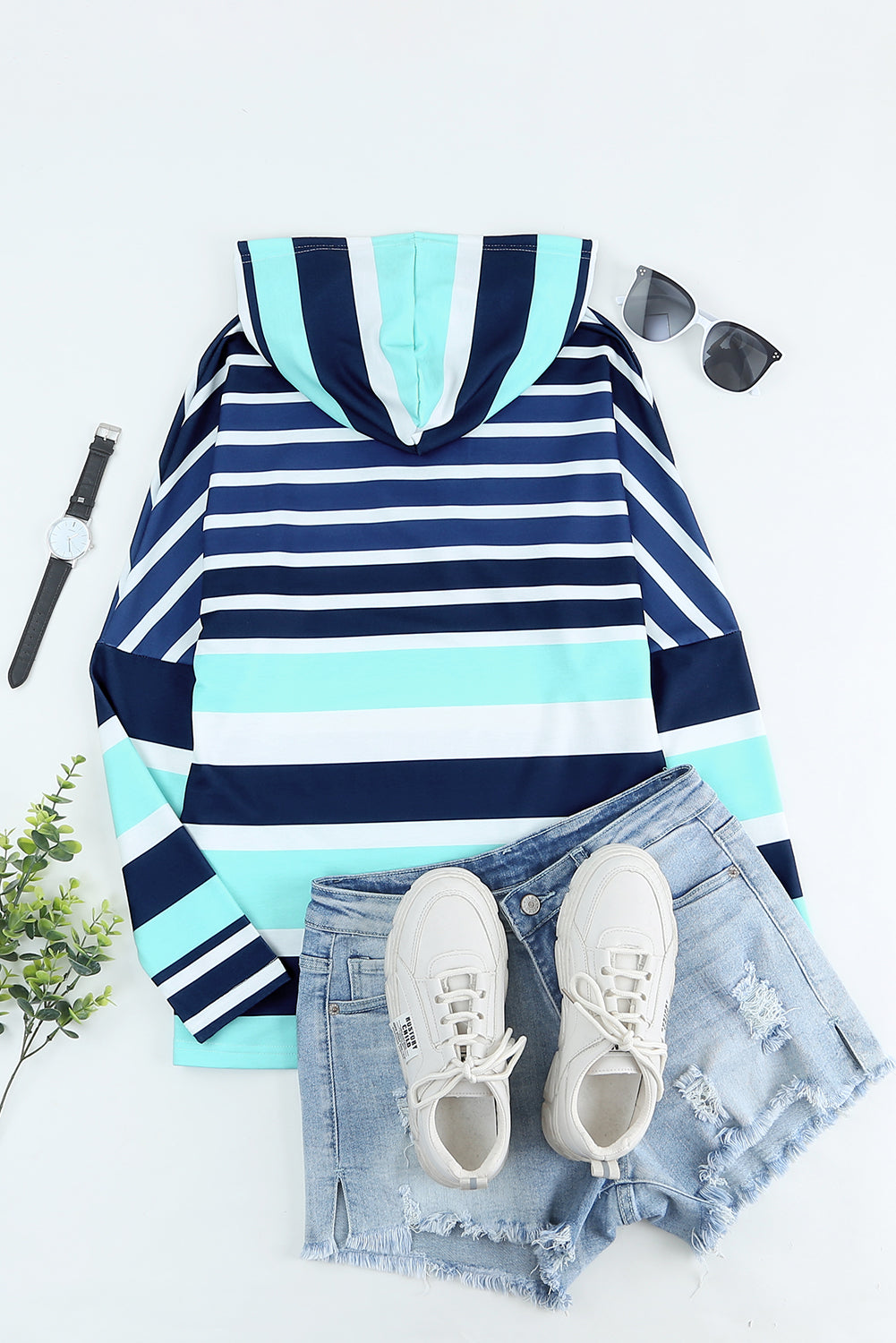 Multi Striped Drawstring Long Sleeve Hoodie